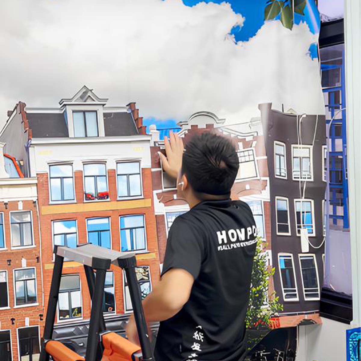 the process of installing a landscape city building mural wallpaper